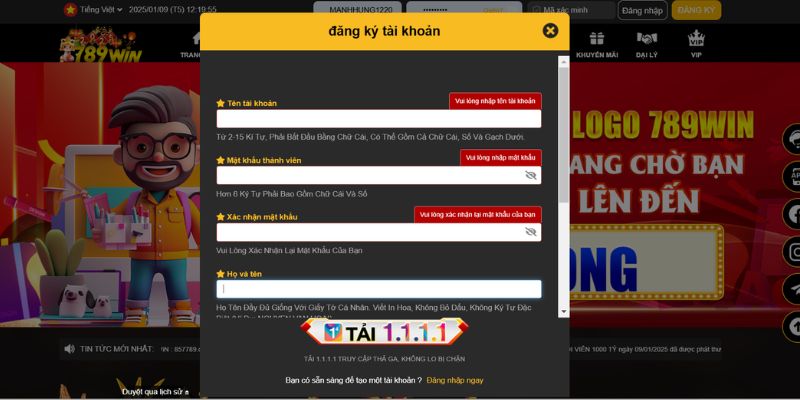 Hoàn tất 3 bước người chơi đăng ký 789win thành công